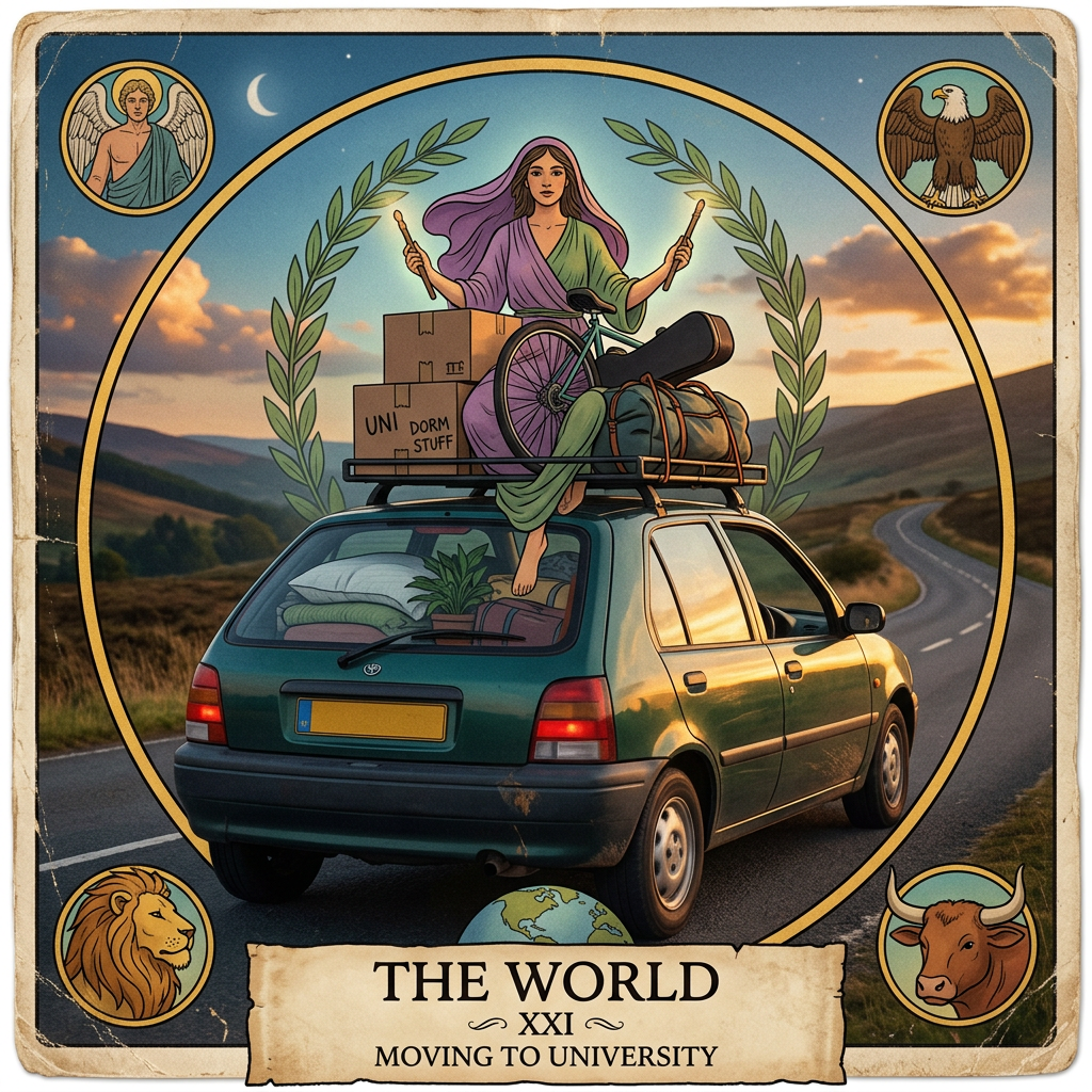 The World tarot card beside a packed car